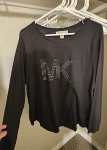 Nice Michael Kors 2X Black Long Sleeve Tshirt Knit Top MK Silver Studs Cotton - Picture 1 of 6