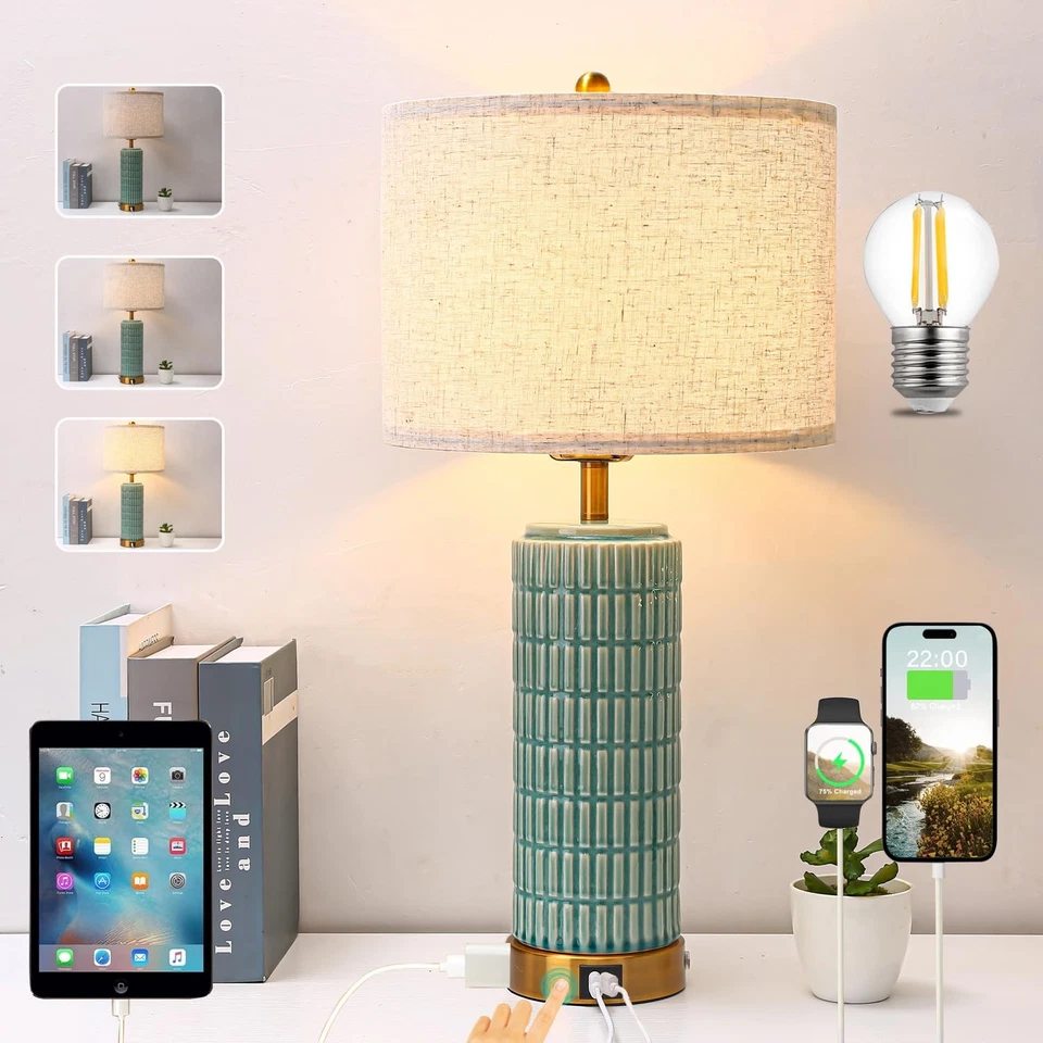 Lámparas de mesa de cerámica verde con puerto USB de carga y toma de corriente, 3 vías regulables a... Foto 1 de 4