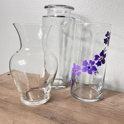 Trío de jarrones de vidrio transparente | Juego de 3 jarrones cilíndricos y reloj de arena decoración de eventos de boda Foto 1 de 4