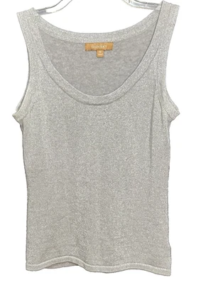 Camiseta sin mangas Ellen Tracy Shell talla M plateada cuello redondo metálico brillante tejido fiesta informal Foto 1 de 4