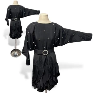 80er Jahre Vintage Perle Nieten schwarz Fledermauskleid & Gürtel Betsy & Adam Dolman Ärmel - Bild 1 von 7