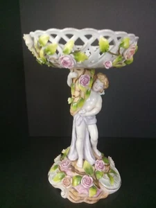 Antico centrotavola composto cherubino angelo porcellana dipinto a mano con fiori vintage - Foto 1 di 14