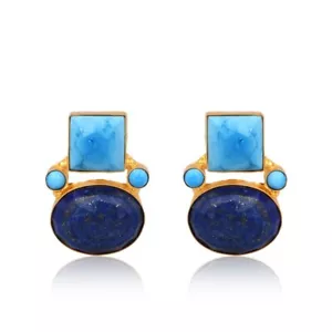 18K Gold Multi Gemstone Turquoise and Lapis Stud Women Wedding Earring Jewlery - Picture 1 of 8