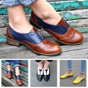  Womens Brogues Wingtip Round Toe Slip On Low Heel Dress Retro Oxfords Shoes
