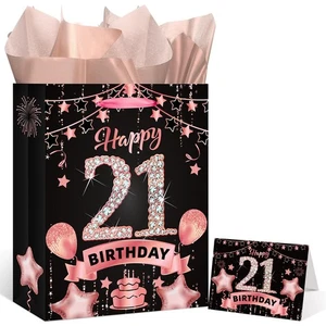 Rose Gold 21st Birthday Gift Bag with Greeting Card Tissue Paper for Women - Picture 1 of 7