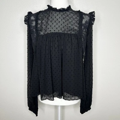 Blusa Top ZARA Trafaluc Mujer Negra Transparente Punteada Manga Larga con Volantes Talla L Foto 1 de 4