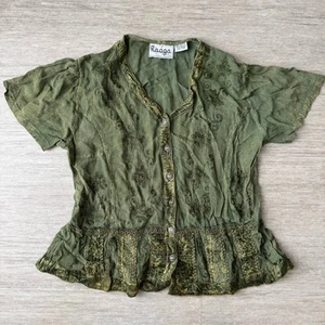 Vintage Y2K Raaga Top Blouse Button Up Womens OS Green Embroidered Floral - Picture 1 of 7