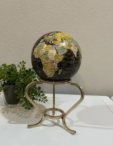 Vtg Decorative Black Yellow World Globe 4” D Solid Brass Stand Bookshelf Decor - Picture 1 of 9