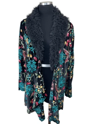 Vine Street Cardigan 尺寸 M 天鹅绒刺绣花卉人造毛皮领奇思索斯 — 第 1/4 张图片