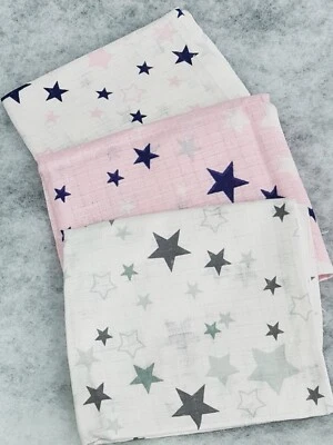 LOLALAND 3 pack muslin squares large 70x80cm baby nappies bibs cloth stars pink grey