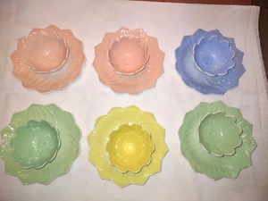 12 pc Vintage Anchor Hocking Fire King Pastel Lotus Blossom Leaf Bowls & Plates - Picture 1 of 8