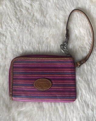 New Fossil Pink Striped Multicolor Wristlet Zip Around Credit Card Holder - Image 1 of 4