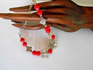 Red Glass and Tibetan Silver Butterfly Charms Beaded Bracelet - Picture 1 of 3