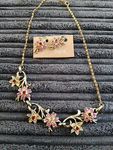 Vintage Modeschmuck Blumen rosa & rot mit Ohrringen in gutem Zustand - Bild 1 von 6