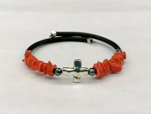 bracciale corallo rosso naturale unisex vero caucciù nero argento regolabile - Foto 1 di 5
