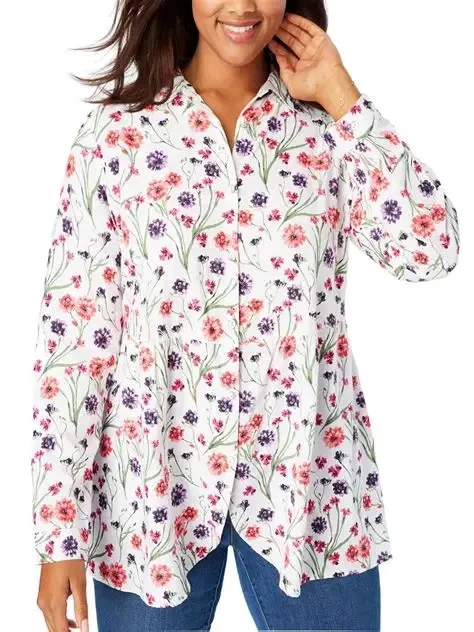 Blusa Mujer Dentro Talla 26 28 2X Floral 100% Rayón Abotonada Cuello Peplum Foto 1 de 4