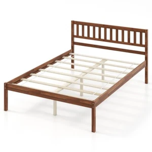 Full Size Solid Wood Bed Frame Platform Wooden Slat Support W/ Headboard Bedroom - Picture 1 of 13