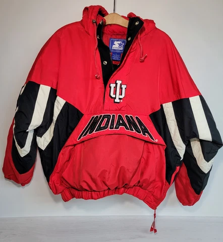 Vintage 90's STARTER Indiana Hoosiers Mens LG 1/4 Zip Hooded Red/White Jacket Cover