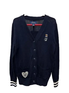 Ralph Lauren Kids Girls Polo Cardigan Sweater Bear Patch Academia Preppy 6X Med - Picture 1 of 8
