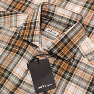 Kiton NWT Dress Shirt Size 16.5 42 US In Orange Plaid 100% Cotton - Picture 1 of 11