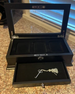 PCS Stamps & Coins Black Wood, Glass Top Coin Storage Box w/ Drawer & Lock w/Key - Picture 1 of 7