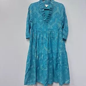 Crown And Ivy Green Metallic Gold 3/4 Sleeve Ruffle Midi Dress Petite Small - PS - Picture 1 of 6