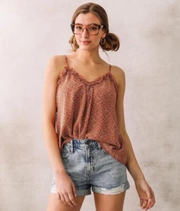L Weidenwurzel gehäkelt große Boho Tank Top Blumen Rüsche Bauer Cami Bluse Ziegel - Bild 1 von 12