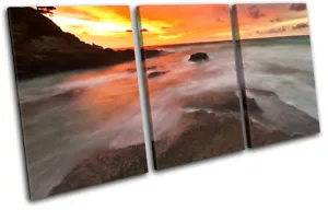 Waves Orange Sunset Seascape TREBLE CANVAS WALL ART Picture Print - Picture 1 of 1