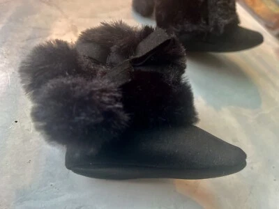 Infant Baby Girls Black  Fur Boots Size 3-6 Months Shoes with Bow Pom Poms - Image 1 of 4