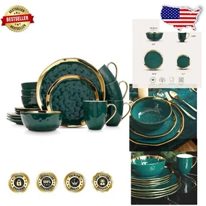 Luxurious 16-Piece Green & Gold Porcelain Dinner Set - Complete Tableware for 4 - Picture 1 of 12