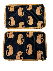 Set of 2 Black Cotton Pillowcases — Embroidered Cheetah Design, Zip Closure - Picture 1 of 10