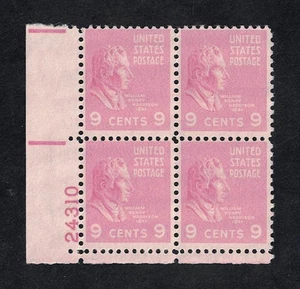 1938 William H. Harrison Prexie Mint, NH 9¢ Plate # Block of 4 -- Scott #814 - Picture 1 of 1