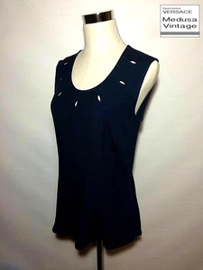 GIANNI VERSACE COUTURE VINTAGE '97 RAYON SLITS TANK CAMI TOP U-SCOOP NAVY BLUE - Picture 1 of 12