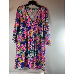 Lilly Pulitzer Kleid Blumenmuster Damen XL Langarm V-Ausschnitt Goldknöpfe - Bild 1 von 9