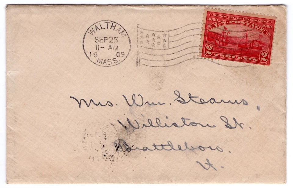 #372 Hudson-Fulton First Day Cover 1909 Waltham MA Flag CCL CV$950 w/ Letter - Image 1 of 3