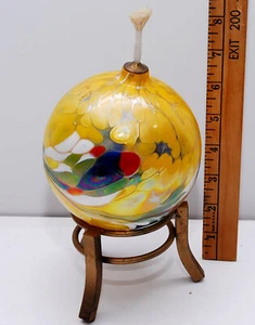 Handblown Glass Oil Lamp Globular Incredible Colors on Metal Base With Wick - Picture 1 of 5