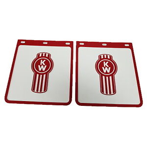 2x Kenworth Mudflap White/Red 23 x 25cm; ute; Mud Flap; Mudflaps; 4x4; 4WD; pair