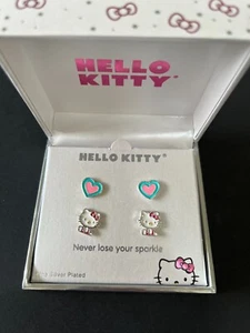 Hello Kitty Stud Earring Set Of 2 Fine Silver Plated Hearts & Kitty - Picture 1 of 3