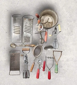 Set of 13 Antique Kitchen Utensils-Beaters, Scoops, Ladle, Sifter, Mashers, Etc. - Picture 1 of 15