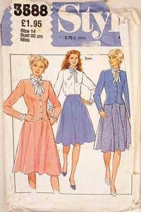 Style 3588 Fitted Lined Jacket Flared Skirt Suit & Ruffle Tie Bow Blouse UK 14 - Picture 1 of 4