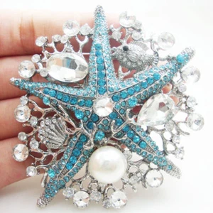 Silver Tone Elegant Bluepearl Pendant Starfish Brooch Pin Rhinestone Crystal - Picture 1 of 3