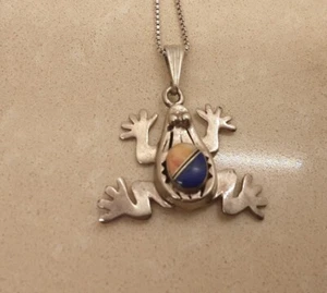 Navajo Handmade Sterling Silver Multicolor Inlay Frog Pendant w/ Sterling Chain - Picture 1 of 5