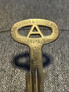 Roanoke Iron & Bridge Works- Prison Jail Key Vintage Brass - Picture 1 of 5