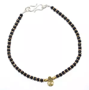 Black Spinel Gemstone 4 mm Round Beads 925 Fine Silver 5" Strand Bracelet DF-48 - Picture 1 of 6