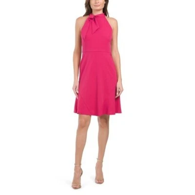 Maggy London Womens Pink Bow High Neck Sleeveless Fit Flare Dress Sz 12 New - Image 1 of 4