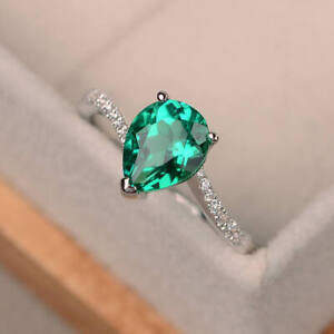 1.70 Ct Pear Cut Real Diamond Emerald Engagement Ring 14K White Gold Size Q P O 