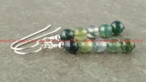 Beautiful 6mm Green Moss Agate Natural Round Gems Dangle Beads Hook Earrings - Picture 1 of 12