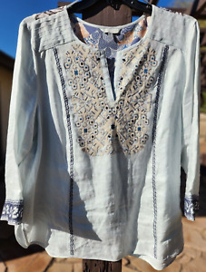 John Mark 100% Linen Long Sleeve Embroidered Tunic Blouse Top Light Blue 1X