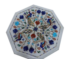 15" Marble corner side Table handmade floral lapis inlay semi precious stones - Picture 1 of 1