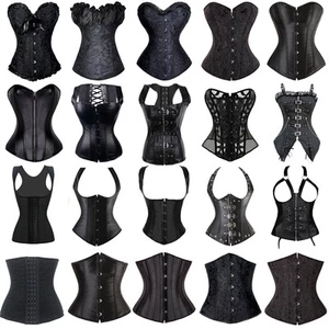 BLACK PUNK WOMEN BONED WAIST TRAINING CORSET OVERBUST LACE UP BUSTIER TOP SHAPER - Picture 1 of 32